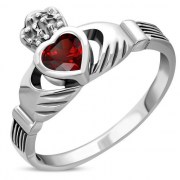 Celtic Claddagh Silver Ring set w Garnet CZ, r446